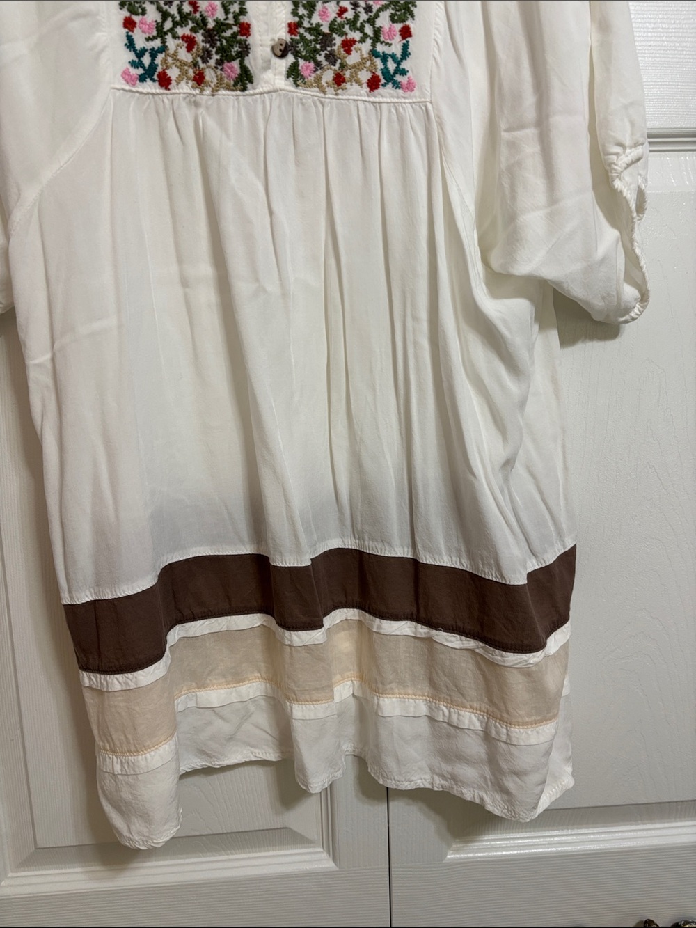 White Embroidered Mini Dress with Multicolor Floral Yoke and Contrast Hem - Picture 7 of 11